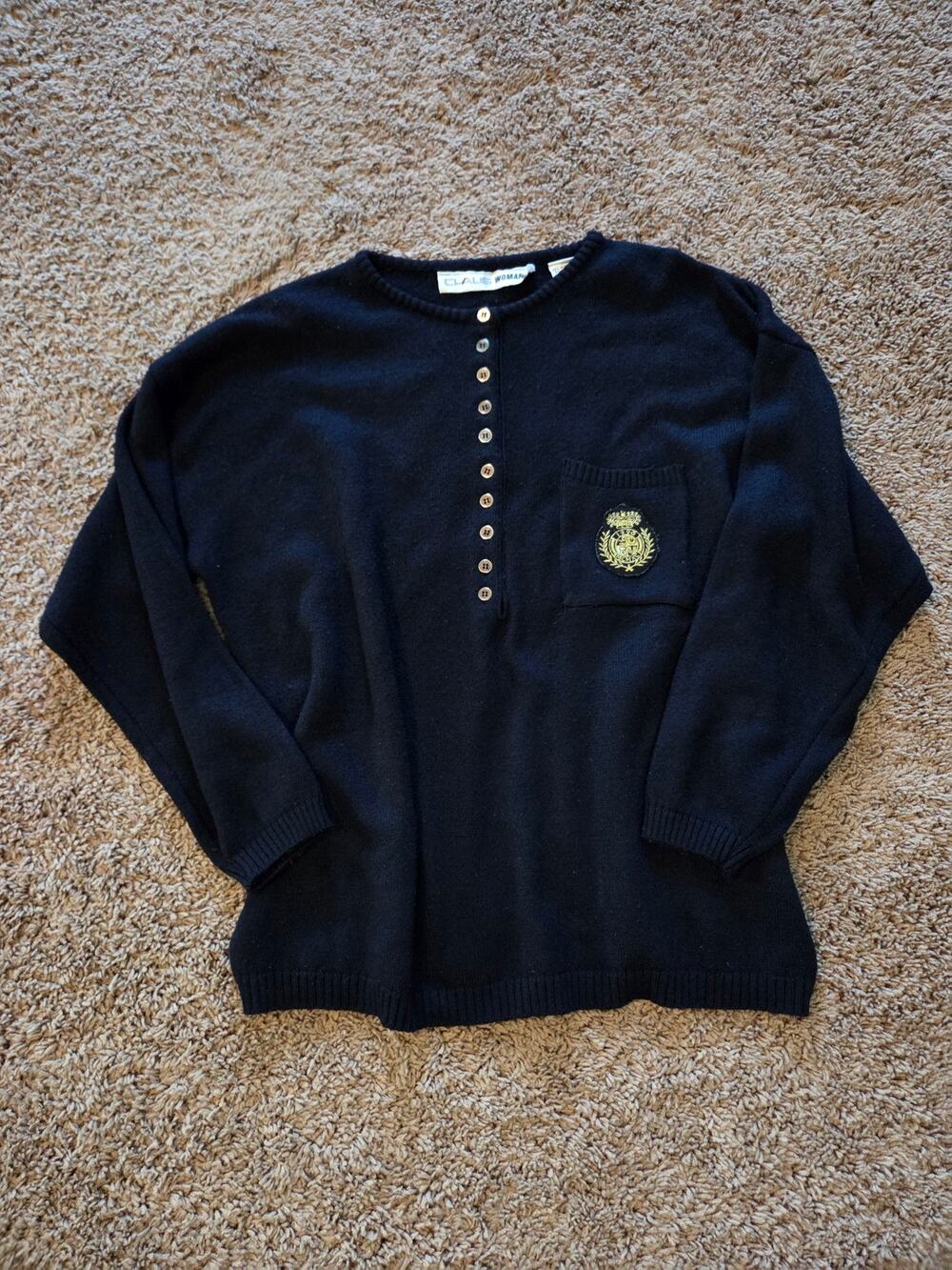 Vintage chaus knit button sweater crest black academia pullover preppy 1x